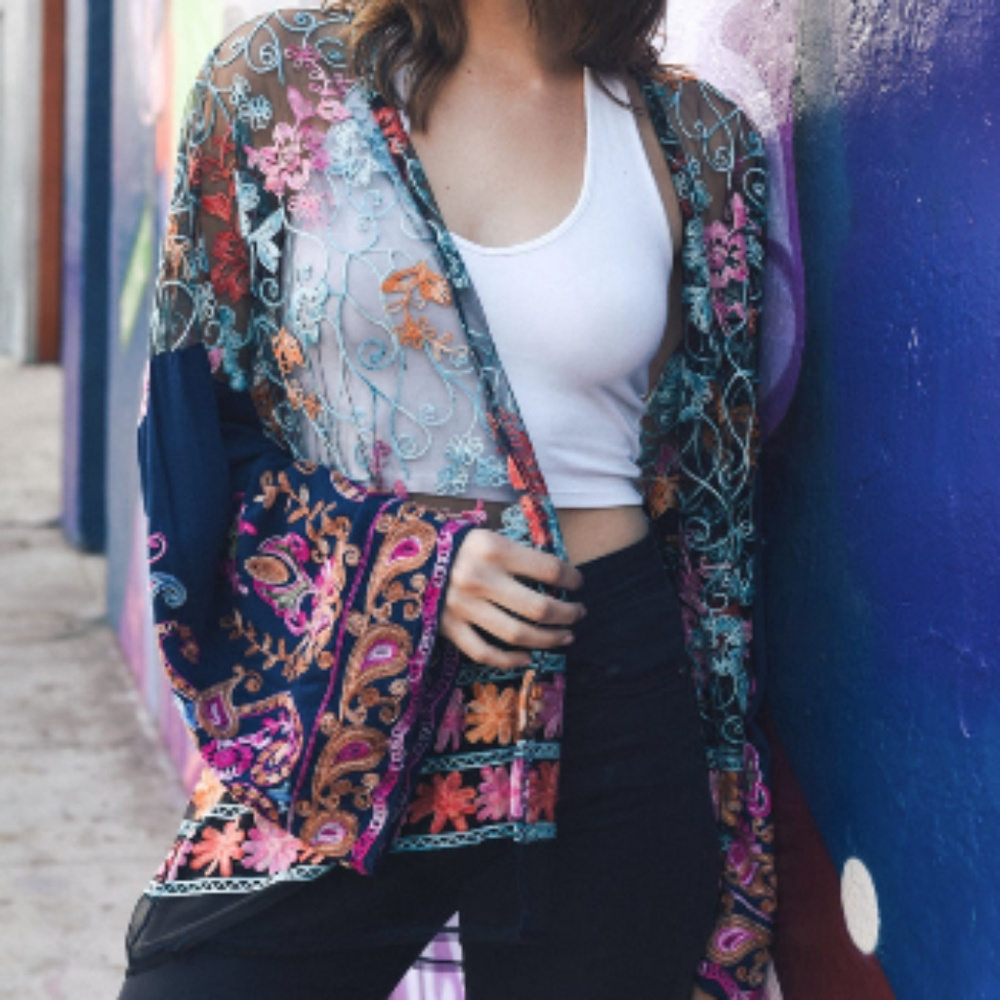 Embroidered Floral Paisley Mesh Kimono - Picture 3 of 6